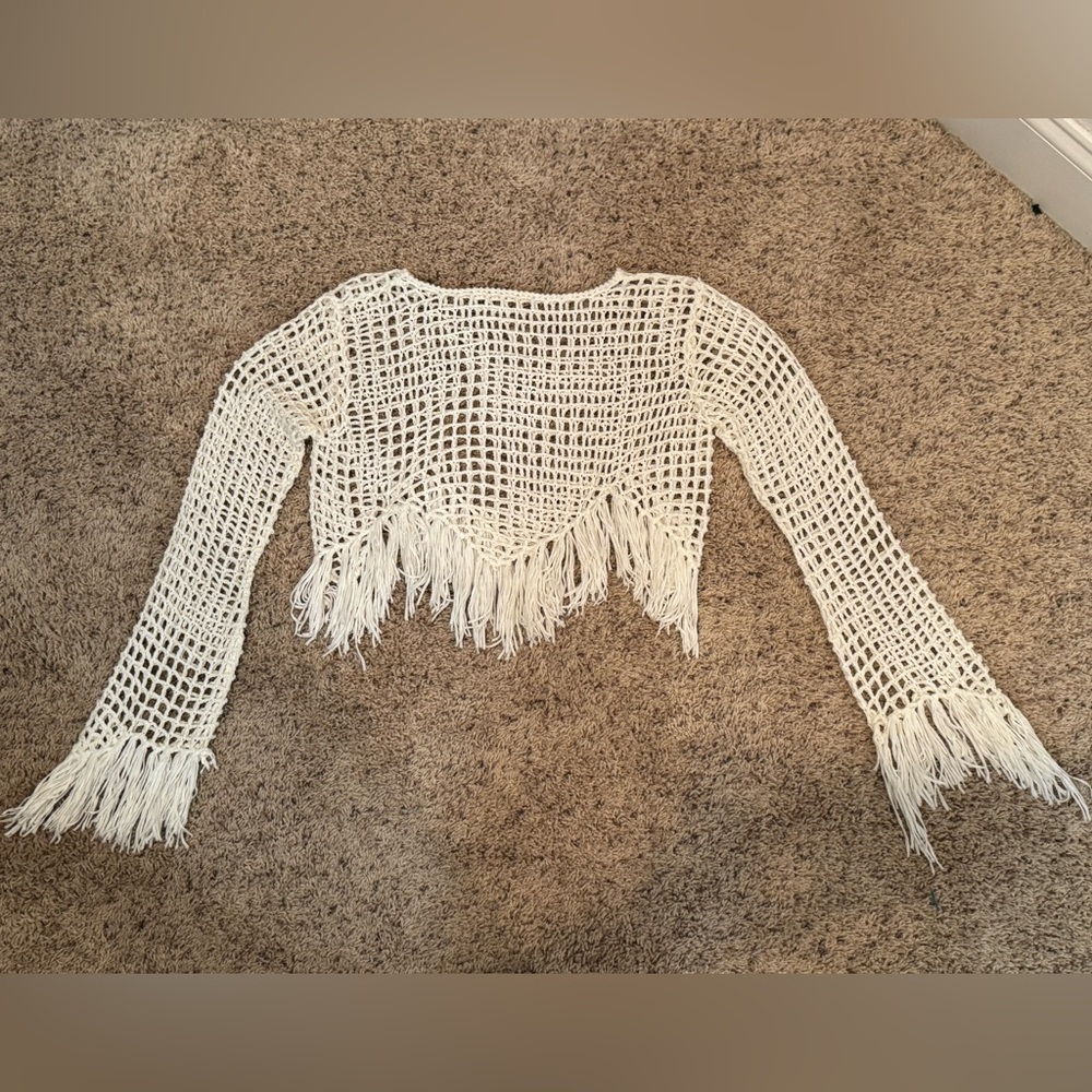 White Crochet Fringe Sweater